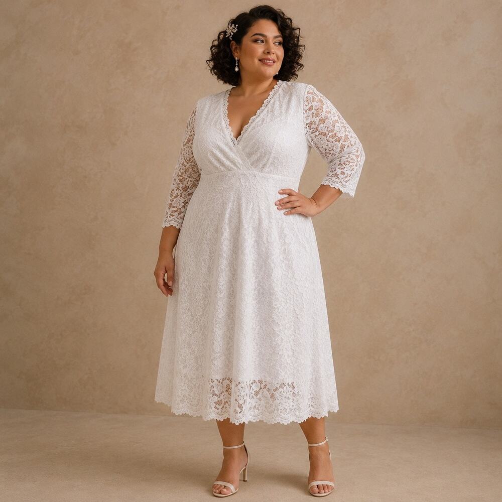 Plus Size White Lace Bridal Midi Dress 1X Romantic Wedding Guest‎